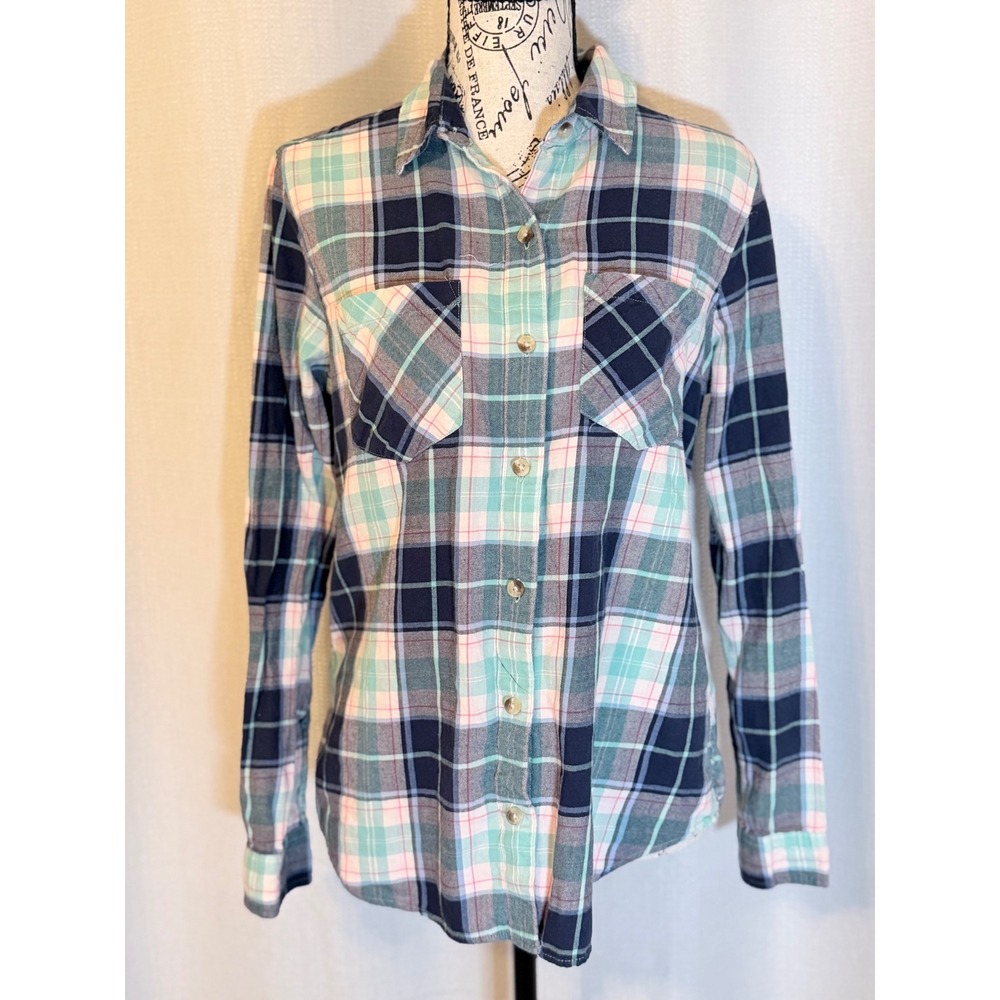 SO Authentic American Heritage Plaid Flannel Shirt Navy Teal Pink Large